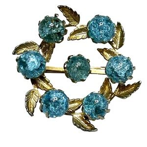 Vintage wreath style Brooch Pin with blue‎ spheres